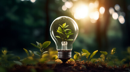 A light bulb with a sprout growing in it, the concept of saving money and financial growth. Generate Ai - obrazy, fototapety, plakaty