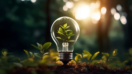 Fotobehang A light bulb with a sprout growing in it, the concept of saving money and financial growth. Generate Ai © Анатолий Савицкий
