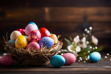 Fototapeta na wymiar easter card, easter bunny with eggs, easter eggs and flowers, easter eggs in a basket, easter eggs and flowers on a white background, easter wall paper and background for social media