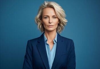 Serious middle aged Caucasian business woman formal suit standing over blue background. Mature confident professional executive manager in blue suit. Serious woman looking at camera.