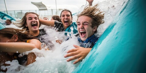 Group of teenagers, laughing and holding onto each other, as a wave crashes over them in the wave pool at the aqua park, concept of Joyful camaraderie - obrazy, fototapety, plakaty
