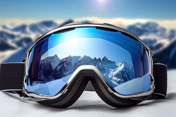 Ski goggles in the snow. Mountains reflect out of glass. Winter sports and equipment. Generative Ai - obrazy, fototapety, plakaty