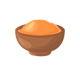 Dry ginger powder in a wooden bowl. Ayurvedic remedy and spice for cooking. Isolated cartoon vector illustration.