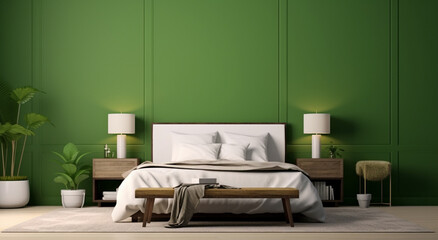 A minimalistic home interior background features a cozy green bedroom with bright furniture This 3D render exudes a simple and elegant design. Generative AI.