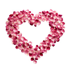 Obraz premium pink rose petals in the shape of a heart in a top view, isolated and transparent PNG in a Love-themed, photorealistic illustration. Generative ai