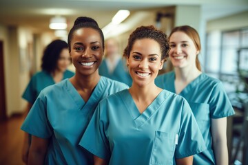ortrait of a young nursing student standing with her team in hospital, dressed in scrubs, Doctor intern