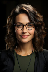 Fototapeta na wymiar A businesswoman with a confident presence and captivating smile. Portrait of long haired ceo woman wearing glasses in welcoming and inspiring approach to corporate world.