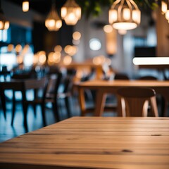 Warm restaurant lights behind a wooden table