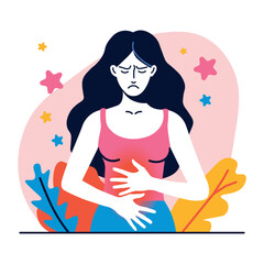 Woman holding her stomach with both hands, feeling pain, cartoon flat design, vector