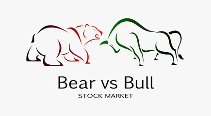 Fototapeta premium Bull or bullish run; Bear or bearish market trend in crypto currency or stocks. Trade exchange, green up or red down arrows graph. Cryptocurrency price chart. Global economy crash or boom.