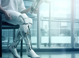 working person of robotic leg in the medical clinic stock photo, in the style of uhd image, auto body works, contrasting - obrazy, fototapety, plakaty
