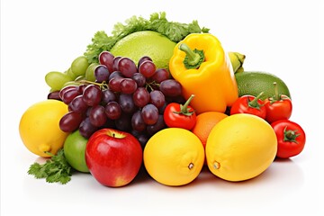 Colorful Variety of Fresh Fruits and Organic Vegetables Arranged Neatly on a Clean White Background