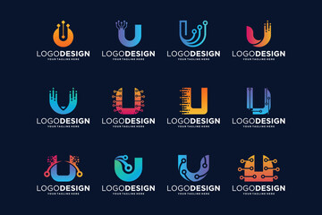Collection of digital connection letter U logo designs - obrazy, fototapety, plakaty