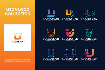 Collection of creative letter U logo designs. Abstract symbol for digital technology