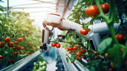 Robot with multiple articulating arms and sensors harvesting ripe tomatoes in a greenhouse.