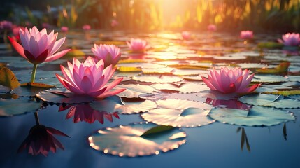 Landscape evening with sunset on a lake with lilies, with beautiful sky in summer season. AI generated image