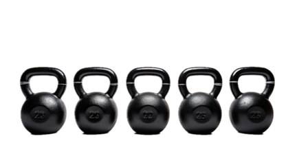 five black kettlebells in a row, side view, with size indicator stripe, isolated and transparent PNG in a Fitness-themed, photorealistic illustration. Generative ai