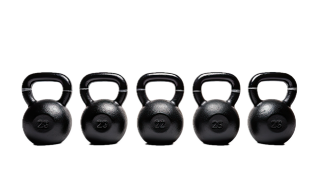 five black kettlebells in a row, side view, with size indicator stripe, isolated and transparent PNG in a Fitness-themed, photorealistic illustration. Generative ai
