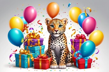 A cute chicken smiling at the party with balloons presents and balls isolated on white background