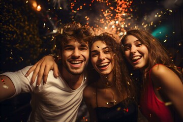 Two girls and one boy enjoy a happy new party with drinks and fireworks in an outdoor night