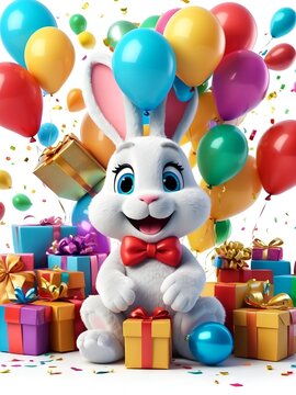 Smiling bunny at the party with balloons, presents, and confetti isolated on white background. Funny character animal for birthdays, festive events,...