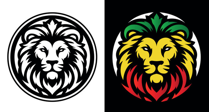 Jamaican reggae rasta lion head front view with rastafarian colors on white and dark background. Lion of Judah face eps vector art image illustration.