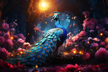 Beautiful peacock with feathers in the fantasy forest