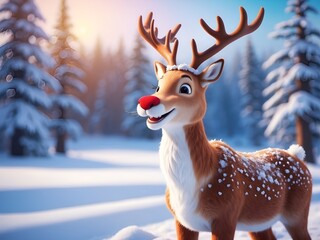 Adorable Christmas reindeer smiling at a beautiful snowing winter forest