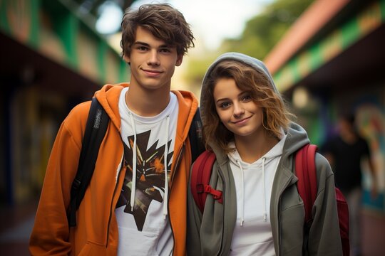 Group of diverse teenagers socializing and studying in a vibrant schoolyard setting