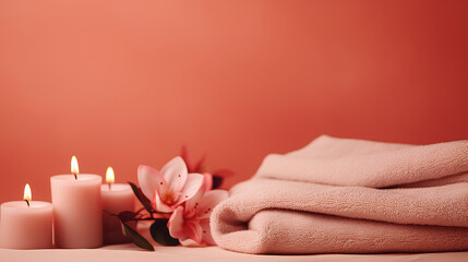 Obraz na płótnie Canvas Warm spa atmosphere with peach towels, flowers and candles as decor. An atmosphere of relaxation, tranquility and pleasure.