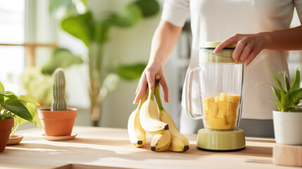 Person's hand preparing to make a smoothie, with bananas in one hand and chopped mango pieces in a blender