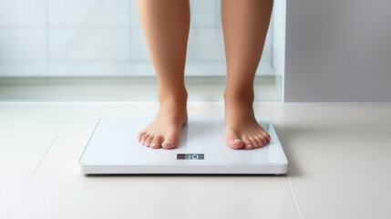 A woman stands on a scale checking her weight