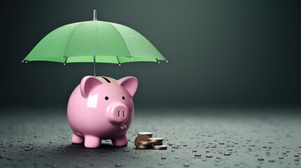 Piggy bank under an umbrella on a dark background - obrazy, fototapety, plakaty