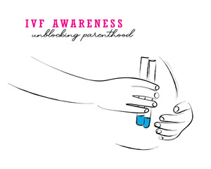  line art vector of an expecting woman holding test tubes. IVF awareness and Infertility Issues awareness
