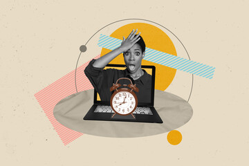 Collage photo illustration of young funny girl surprised when remember her time watches inside laptop isolated on gray color background
