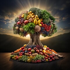 Trees of life in a fantastic fairytale setting, fruit trees in a fantastic landscape