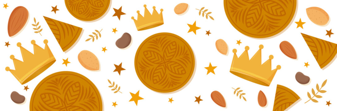 Galette des rois - Banni&egrave;re festive et color&eacute;e pour la c&eacute;l&eacute;bration de l&rsquo;&Eacute;piphanie - Illustrations vectorielles &eacute;ditable de galettes, couronnes, f&egrave;ves et amandes - Culture et traditions de janvier 