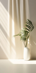 Minimalist pale background with tropical palm leaves and shadow from striped window curtains on the wall for product photography with minimalist design and tropical mood. - obrazy, fototapety, plakaty