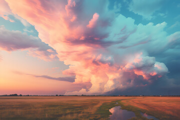 Meadow with beuatiful sky with dramatic pastel pink and blue storm clouds