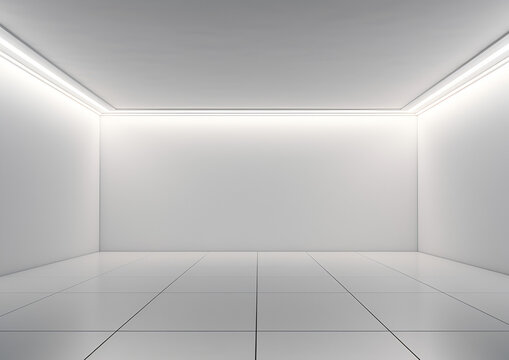Blank light wall and  floor in empty hall room with led light on top. Mockup