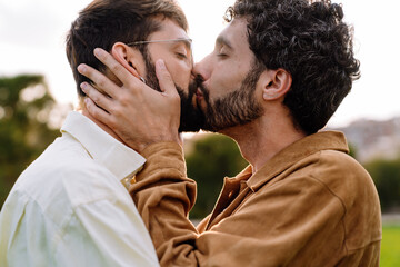 Kissing crop homosexual couple standing in park