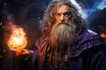 Old wizard in a purple robe holding magic fire in a hand. Colorful fairy tale character Illustration, slight cartoony style, science fiction film - obrazy, fototapety, plakaty