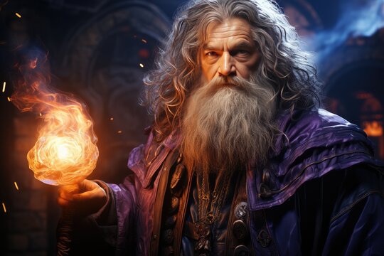 Old wizard in a purple robe holding magic fire in a hand. Colorful fairy tale character Illustration, slight cartoony style, science fiction film