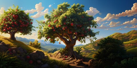 Trees of life in a fantastic fairytale setting, fruit trees in a fantastic landscape