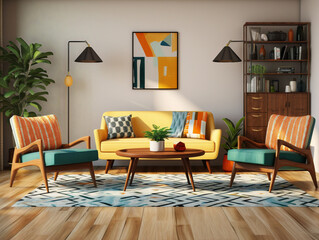 A stylish midcentury living room featuring retro furniture, with a touch of modern sophistication.