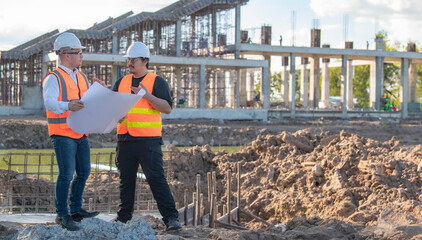 Two Asian engineer working at site of a large building project,Thailand people,Work overtime at construction site,Team of engineer discus at site