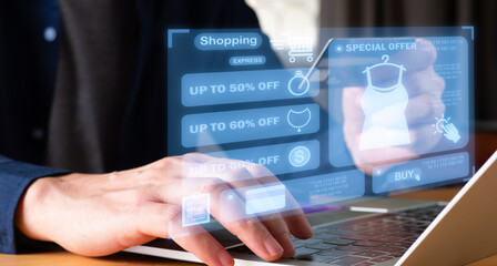 Person hold credit card using laptop to buy and shop online. Digital market in web app, online...