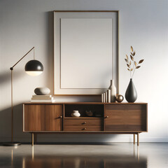 Contemporary home interior with artwork mockup, sleek wooden sideboard, elegant table lamp, minimalist decor, modern living space, stylish room design, luxury home staging, chic wall art display