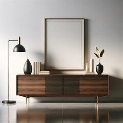 Contemporary home interior with artwork mockup, sleek wooden sideboard, elegant table lamp, minimalist decor, modern living space, stylish room design, luxury home staging, chic wall art display