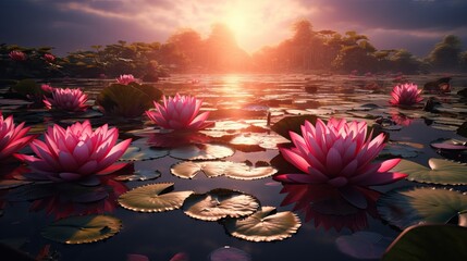 Landscape evening with sunset on a lake with lilies, with beautiful sky in summer season. AI generated image - obrazy, fototapety, plakaty
